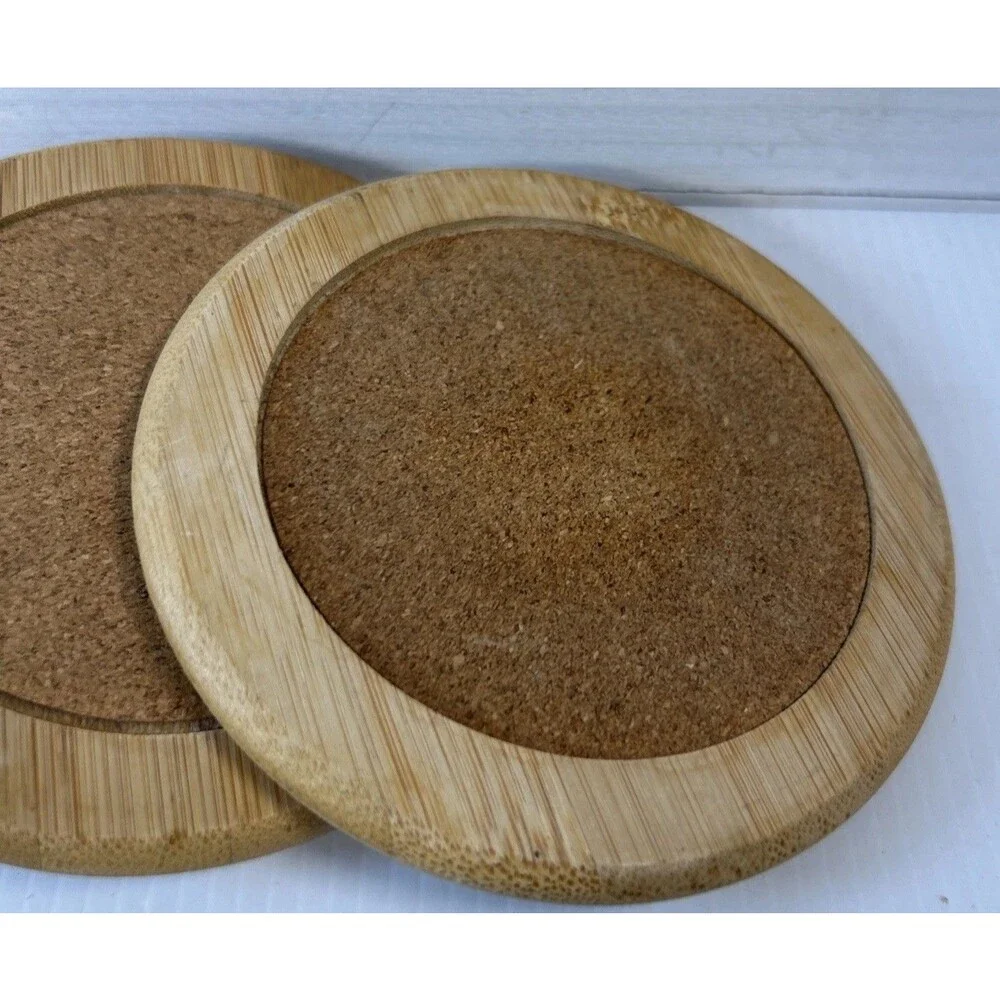 2015 BETTER HOMES Set Of 4 BAMBOO & CORK COASTERS IN Metal Holder
